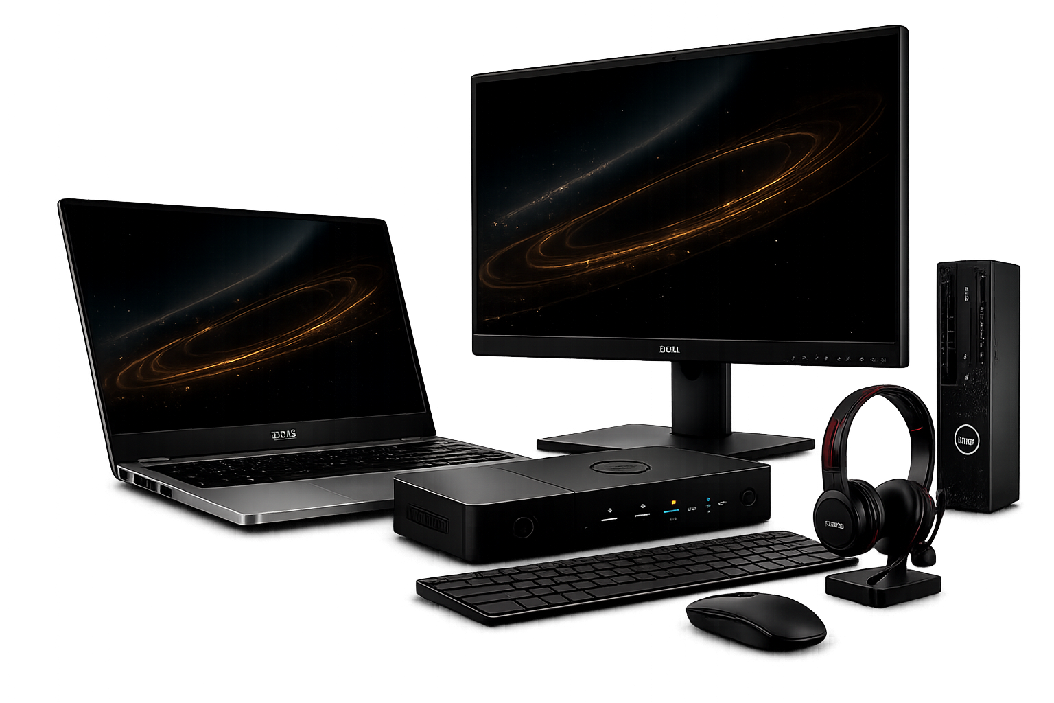 Premium business IT equipment with orbit-lit screens, keyboard, mouse, headset and desktop tower